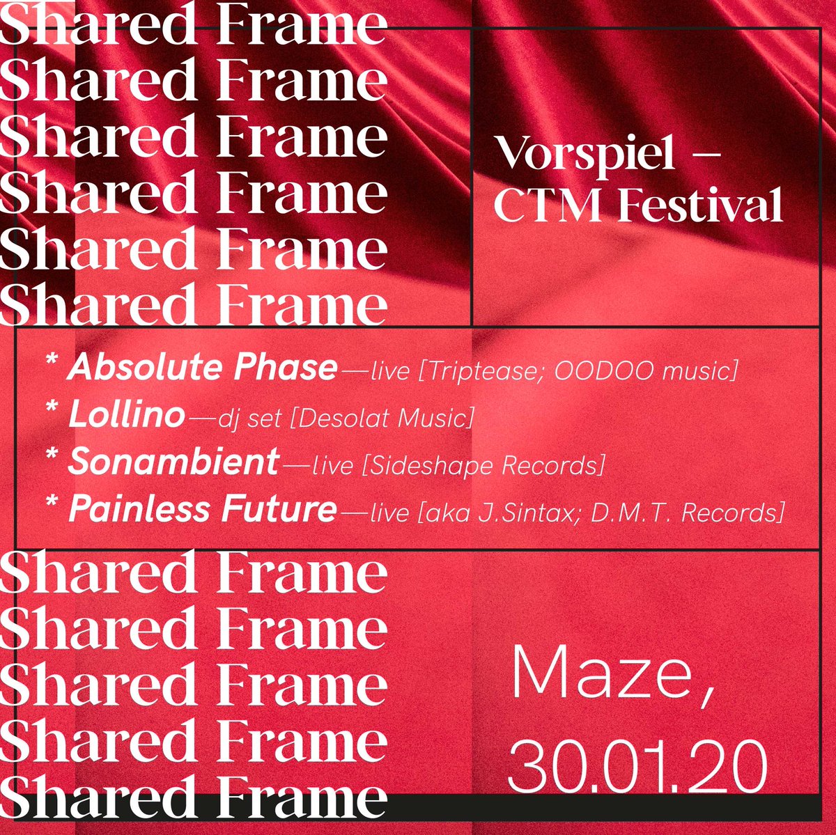 SharedFrame's tweet photo. Shared Frame is hosting the 30/01/2020 a showcase coordinated by #vorspiel - @CTMFestival  / @transmediale.
Many performances live and nice vibes @maze_berlin_61 
#live #techno #drone #electronic #ambient #experimental #painlessfuture #sharedframe
RA event:https://t.co/ghkVxIiiL3 https://t.co/7ZuvapLJxz
