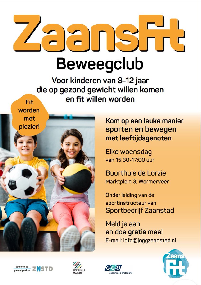 Voor kinderen met overgewicht die fitter willen worden: ZaansFit Beweegclub in Wormerveer en Zaandam (gratis). Elke week op woensdag o.l.v. <a href="/sbzaanstad/">SportbedrijfZaanstad</a> Meer info op zaansfit.nl <a href="/GGDZW/">GGD ZW</a> <a href="/GemZaanstad/">Gemeente Zaanstad</a>