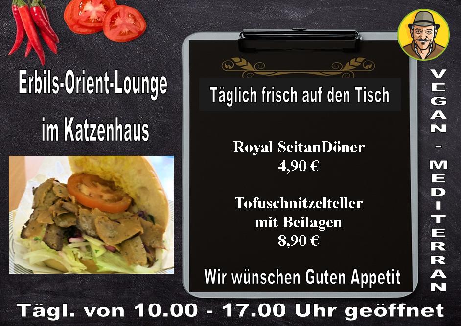 Täglich frisch auf den Tisch in unserer #ErbilsOrientLounge im Katzenhaus (#TierheimMünchen)

> Royal SeitanDöner 4,90 €
> Tofuschnitzelteller mit Beilagen 8,90 €

Wir wünschen Guten Appetit !   facebook.com/VeganMediterra…