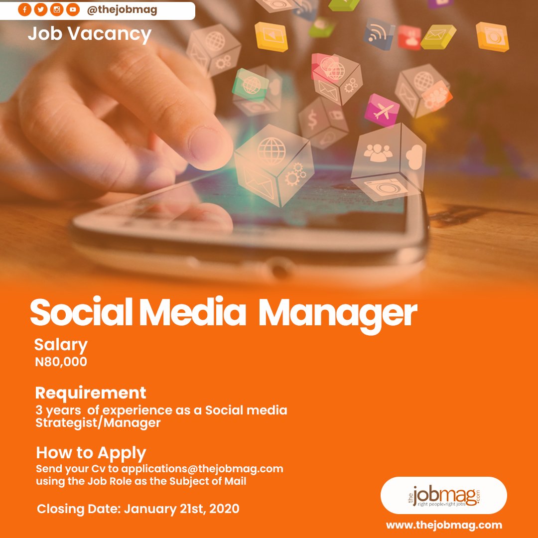 Cordero Retocar Tratamiento Preferencial TheJobMag.com on Twitter: "Job Vacancy Job Role Social Media Manager  Recruitment 3 Years of Experience as Social media manager/Strategist How to  Apply Send your CV to applications@thejobmag.com using the Job Role as