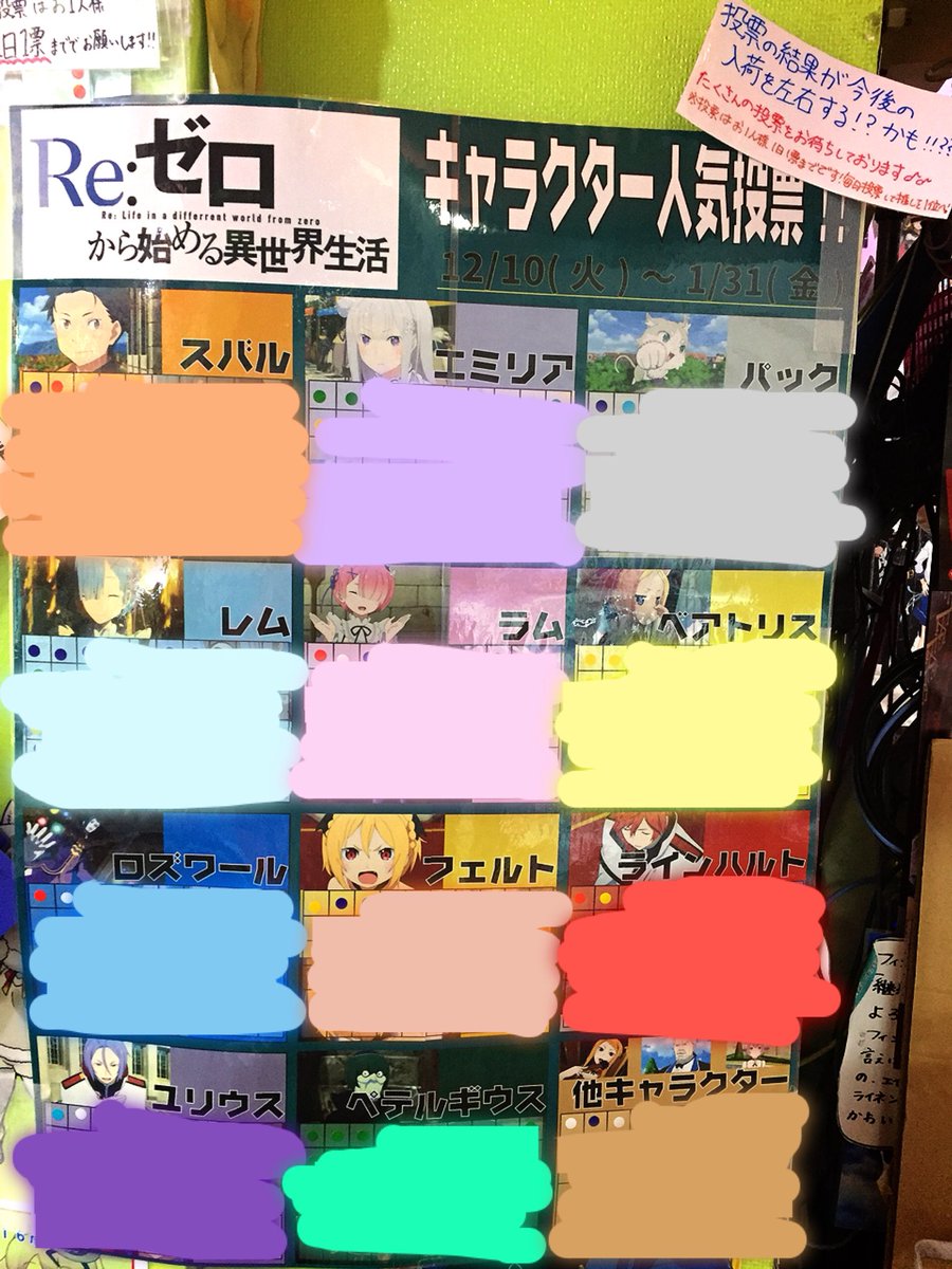 AsoboxAkiba's tweet photo. 当店で行なっています
「Re:ゼロから始める異世界生活」の
キャラクター人気投票は今月末までです‼︎
結果が今後の入荷を入荷を左右するかも⁉︎⁉︎
店内突き当たりに投票場所がありますので、是非遊びに来た際は投票お願いいたします✨
お一人様1日1票まで‼︎毎日投票してね💖

#リゼロ 
#akiba https://t.co/yO8VtkL9M0