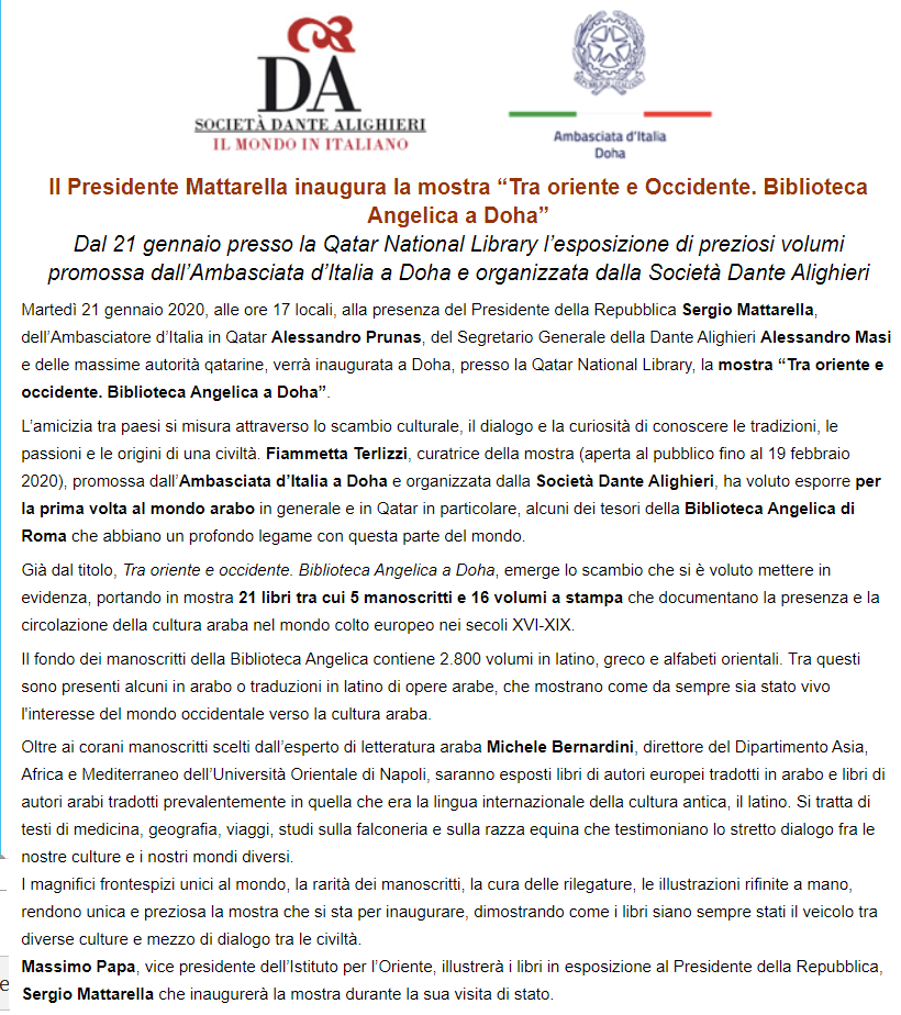 la_dante's tweet photo. #21gen Il Presidente #Mattarella inaugura la mostra TRA ORIENTE E OCCIDENTE. @BibliAngelica a Doha (@QNLib).
Organizza @la_dante, promuove @ItalyinQatar. Curatela #FTerlizzi, Cons. Scient. #MPapa @UnivRoma3, Sel. #MBernardini @UniOrientale.
📌Amb. Prunas e Segr. @MasiAlessandro https://t.co/3rtm4xbYjr