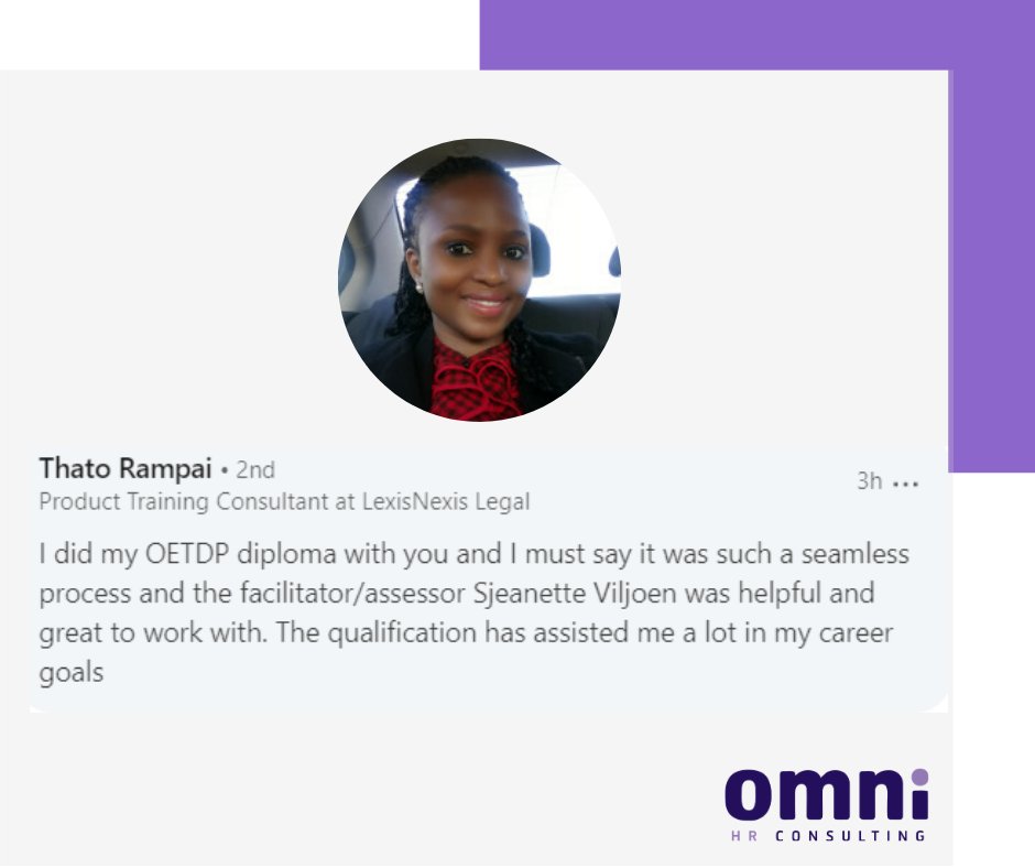 OmniHRC's tweet photo. Thank you for the feedback Thato, we truly appreciate it. 

We wish you all the best for your career development and thank you for allowing us to be a part of your learning journey. 
#TestimonialTuesday #ETD #Education #SkillsDevelopment #PersonalDevelopment #MakingADifference https://t.co/VoOHxRpUAz