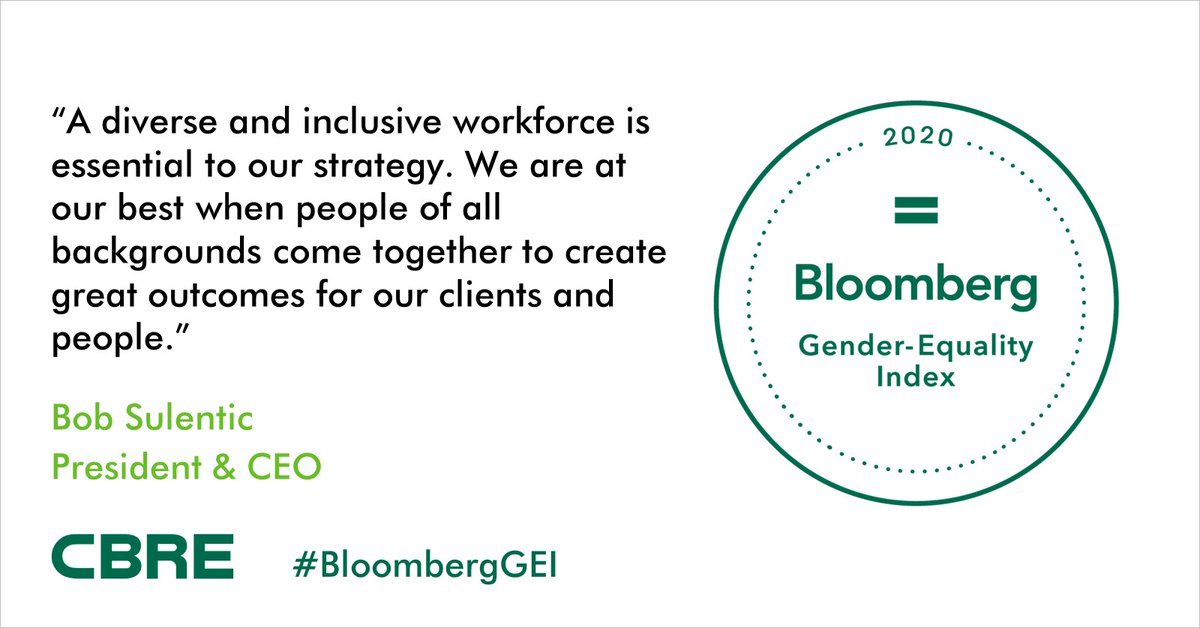 CBRE earns place in 2020 Bloomberg Gender-Equality Index #BloombergGEI cbre.co/2NNGfvr