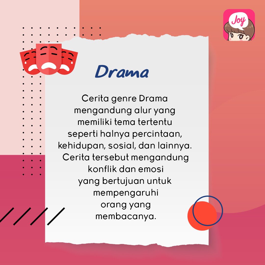 Joylada_ID's tweet photo. Genre ini sering sekali dipadukan dengan genre Romance dan Positive Vibes. Apa nih cerita dengan genre Drama favoritmu? #JoySharing #JoyladaIndonesia #novelonline https://t.co/pXuIMuSunC