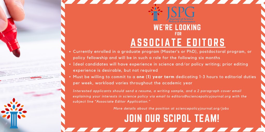 Picture of text. Flyer for Associate Editor position at JSPG. More information at sciencepolicyjournal.org/jobs