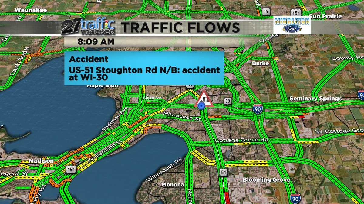 TRAFFIC ALERT Crash NB on US 51/Stoughton Road at WI30/Aberg Ave