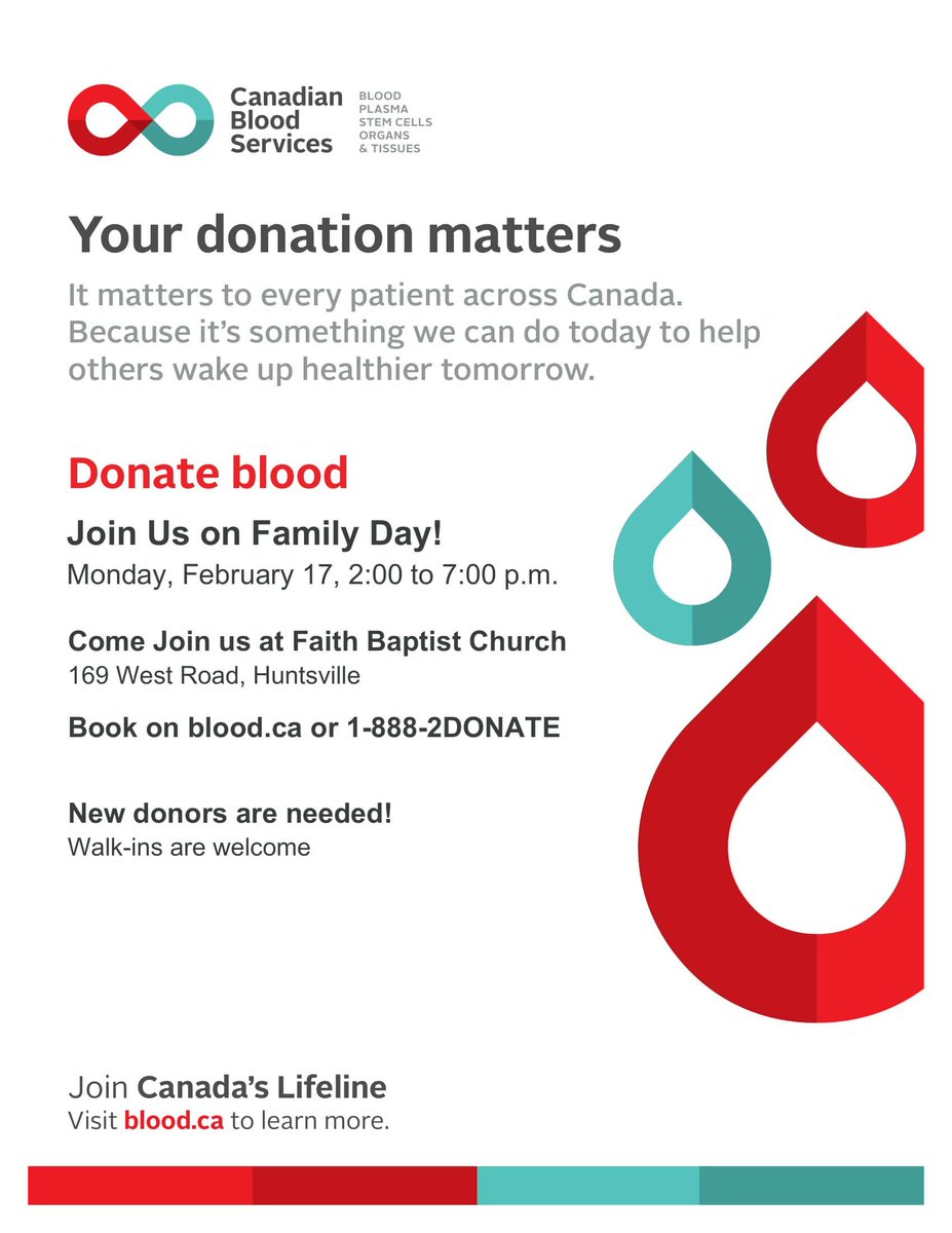 Muskoka411's tweet photo. Mark your calendars! Two blood donor clinics are coming to #Huntsville this February, including a great chance to #DonateTogether at a Family Day clinic on Feb. 17. New donors are needed, so book your appointment with Canadian Blood Services today! https://t.co/VVIv41AyRx