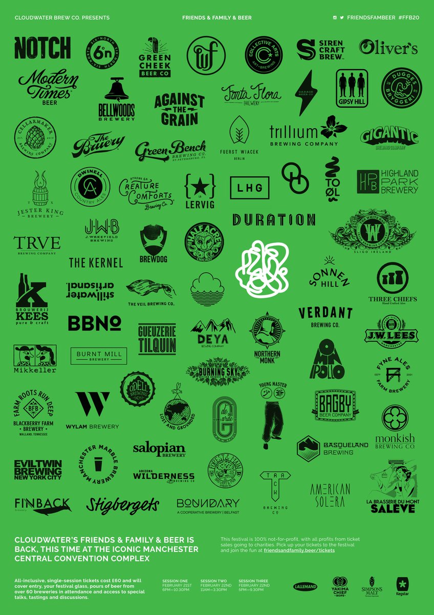The Friends & Family & Beer festival poster features logos of featured breweries including Young Master, Fyne Ales, Wylam Brewery, Dugges, Mikkeller, Evil Twin, Brouwerij Kees, Omnipollo, The Veil, Other Half and more. The poster is green, and there's the FFB Squiggle featured near the centre of the poster.