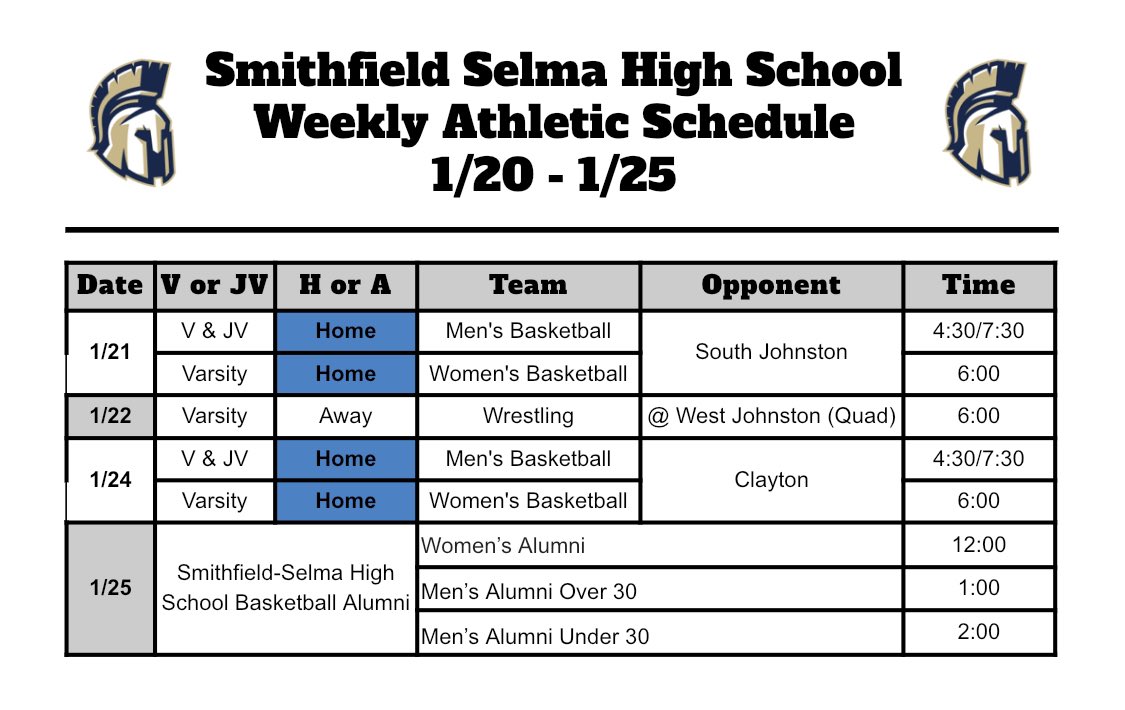 athletics_sss's tweet photo. 1/20 - 1/25 Athletic Schedule. Come out to cheer on the Spartans this week during their conference games. Let’s go Spartans! #SSS50 #SSStrong @SSS_Basketball @SSSWBB @SssIndoor @SSS_Wrestling @sbw_sss_unified @SSS_Spartans @DavidKAllen_ https://t.co/9whmwOLqT9