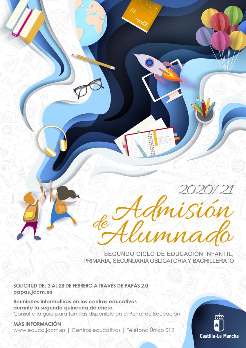educajccm's tweet photo. ✅ Admisión 2º ciclo de Infantil, Primaria, ESO y Bachillerato en #CLM

El 3 de febrero comienza el plazo de presentación de solicitud de plaza para el próximo curso escolar 2020/2021

Las solicitudes se pueden presentar hasta el día 28/2/2020

ℹ️ 🆕 https://t.co/NoTz4o0FAV https://t.co/B7B9jKPiqN