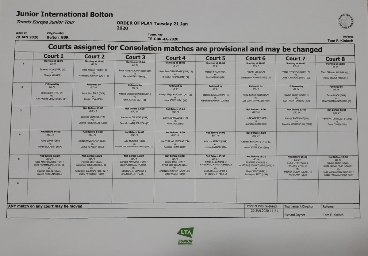 Good morning from @BoltonArena! 

Play for the day is starting now at the #JuniorInternational Bolton - third round singles action for boys and girls 14Us, with doubles to follow later (Order of Play below.)

Entry is free to come and watch! 🙌🎾 #tennis