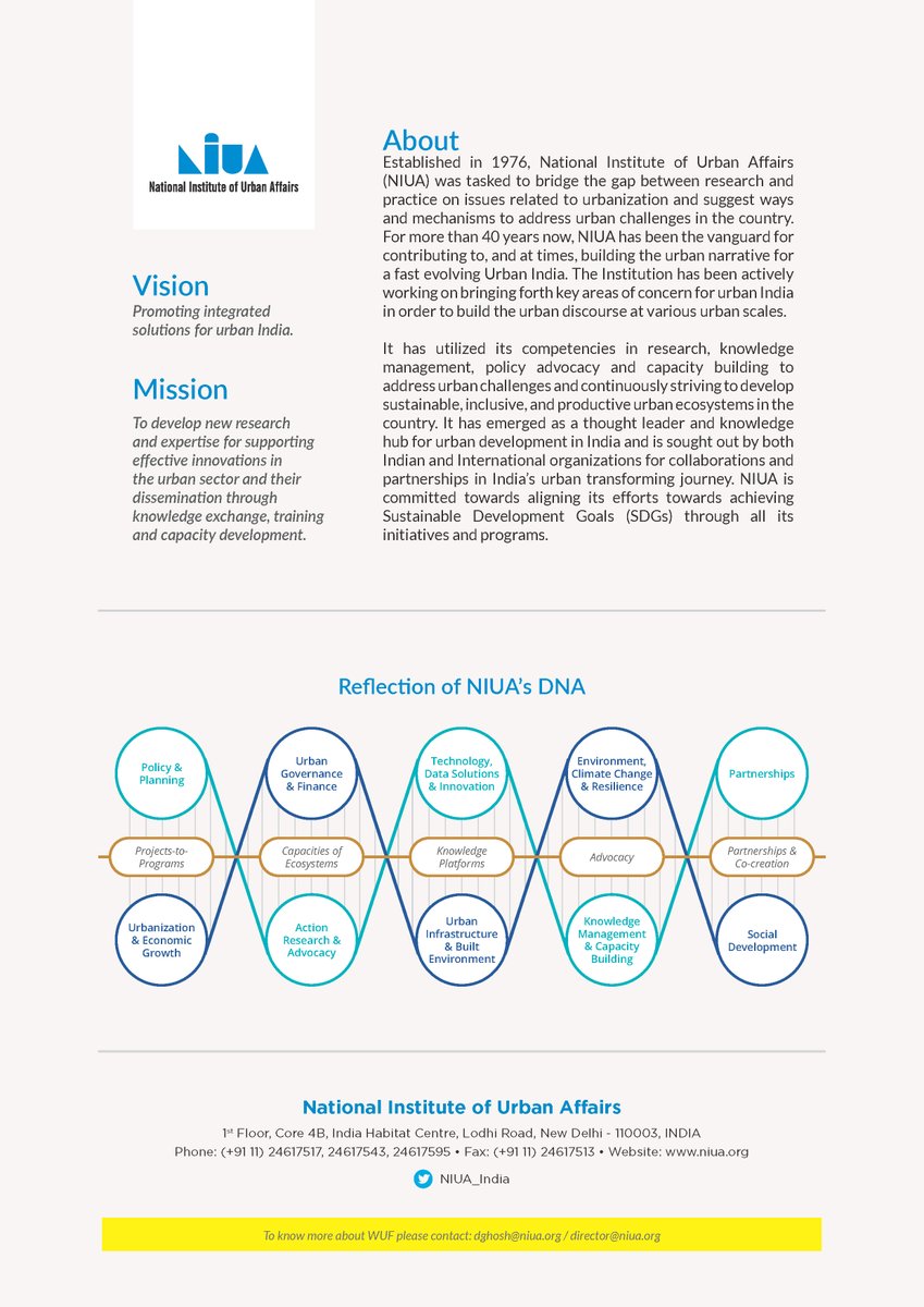 Join us during World Urban Forum 10 from 8-13 Feb 2020 at Abu Dhabi, UAE for various events being organised by NIUA. 

#WUF #WUF10 #MyCityMyCulture #Innovate4Change