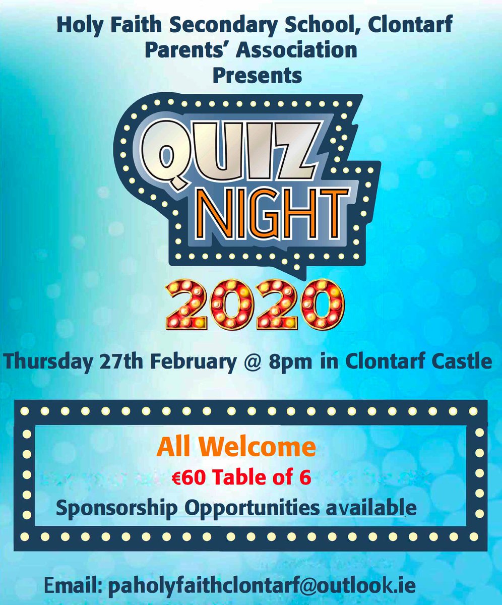 All Welcome to the Clontarf Castle for #QuizNight2020. It's our major fundraiser. Please contact us and support in whatever way you can @loveclontarf_ie #forthegirls