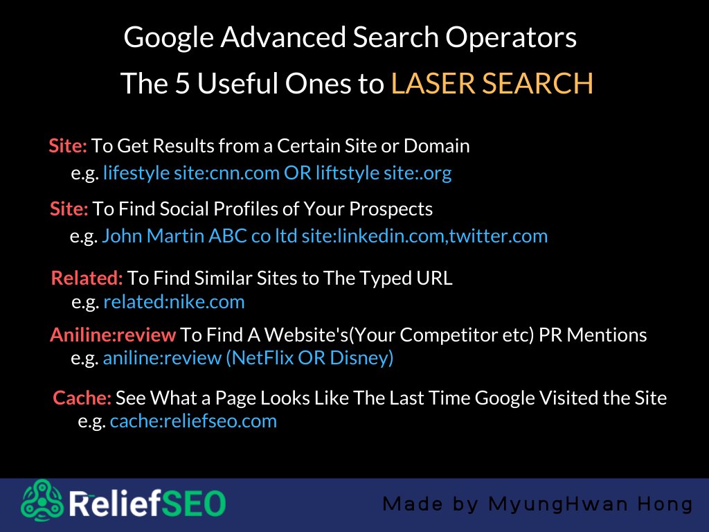 5 useful search strings that work great for #marketers and SEOs #prospecting.

Note: Do not put any spaces between the operator and your search term.
e.g. Right Way - site:youtube,com / 
Wrong Way - site: youtube,com

#seotips #SearchOperators #GoogleAdvancedSearch