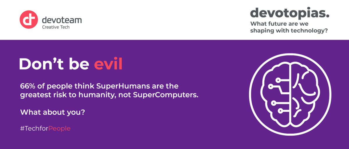 Devoteam's tweet photo. [ #DEVOTOPIAS ] Extending human capacities comes with the responsibility for SuperHumans to design and build #Tech for good. Are we our greatest risk to humanity? 66% of Devotopias respondents think so. ⏩https://t.co/66xGq6yDvl
#nextdecade #2020 #TechForPeople #Devoteam #people https://t.co/mRklzykC2A
