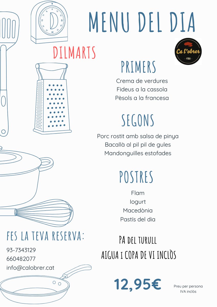 calobrer's tweet photo. Veniu a refugiar-vos del temporal 🌪 tot dinant en un ambient acollidor al bell mig del centre de #Terrassa! Feu una ullada als #menús que us hem preparat avui a Ca l'obrer. 🍴 Us esperem! 😉

#restaurant #calobrer #Terrassacentre https://t.co/sqv9rwniMI