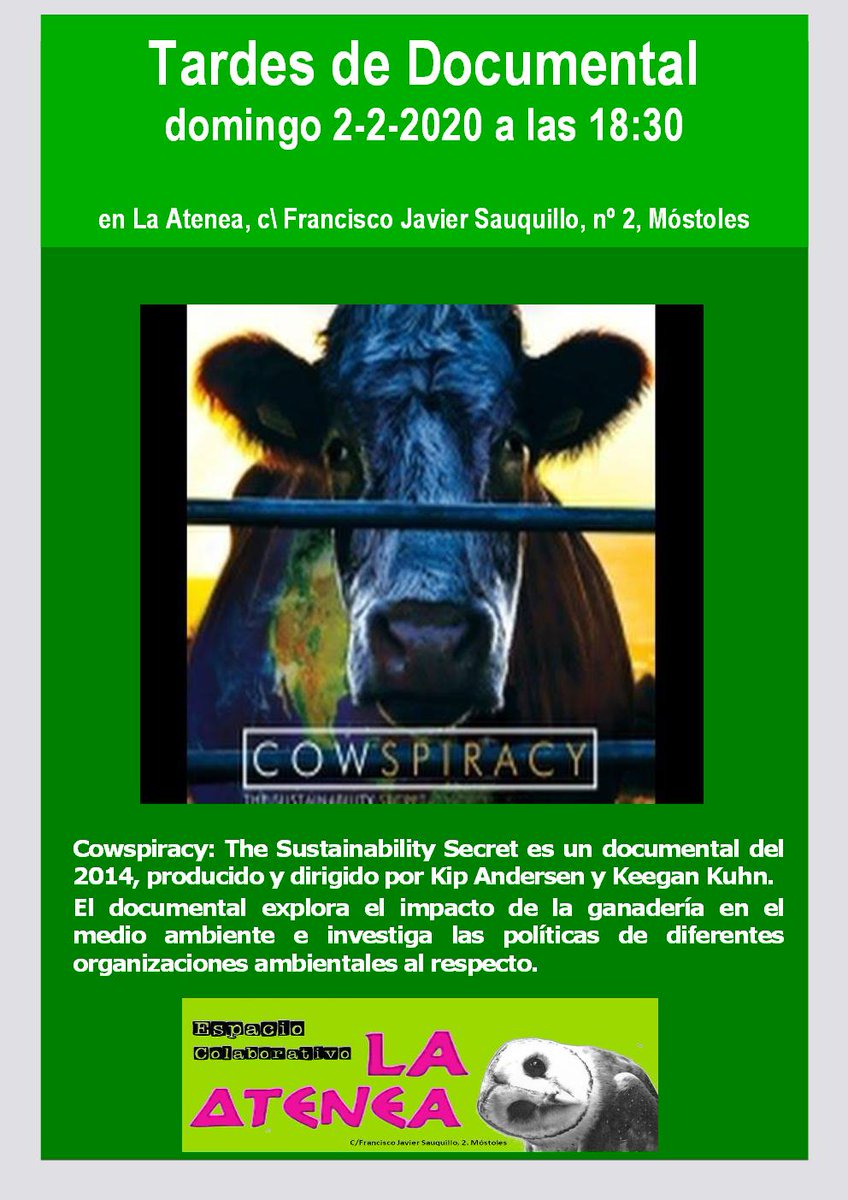 El domingo es para descansar, quizá también y si es posible para aburrirse, no obstante, te proponemos un plan, vente a La Atenea a ver este documental. 
Iniciamos ciclo de documentales anticapitalistas, anticonsumistas, antiespecistas y conscientes.
¡Te esperamos! 
#Móstoles