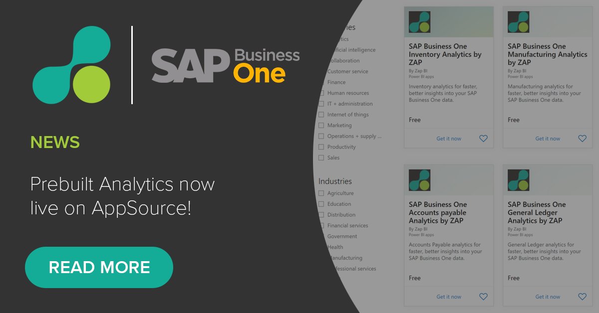 ZAP_Data's tweet photo. Don't forget to check out our brand new #SAPBusinessOne Prebuilt Analytics - now available for free download from Microsoft #AppSource!

Learn more >> https://t.co/TTVPtwld8b

#ZAPDataHub #PowerBI https://t.co/xKGTLqgJpR