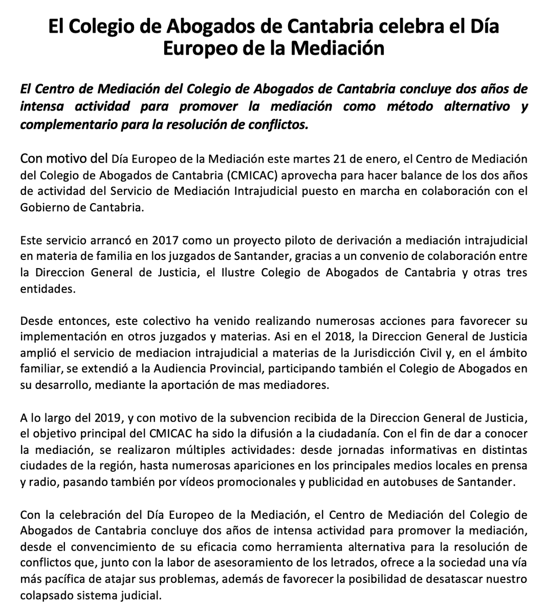 IcaCantabria's tweet photo. El Colegio celebra el Día Europeo de la Mediación

El Centro de Mediación del Colegio de Abogados de Cantabria concluye dos años de intensa actividad para promover la mediación como método alternativo y complementario para la resolución de conflictos. #DíaEuropeoMediación https://t.co/inCeTKoKEu