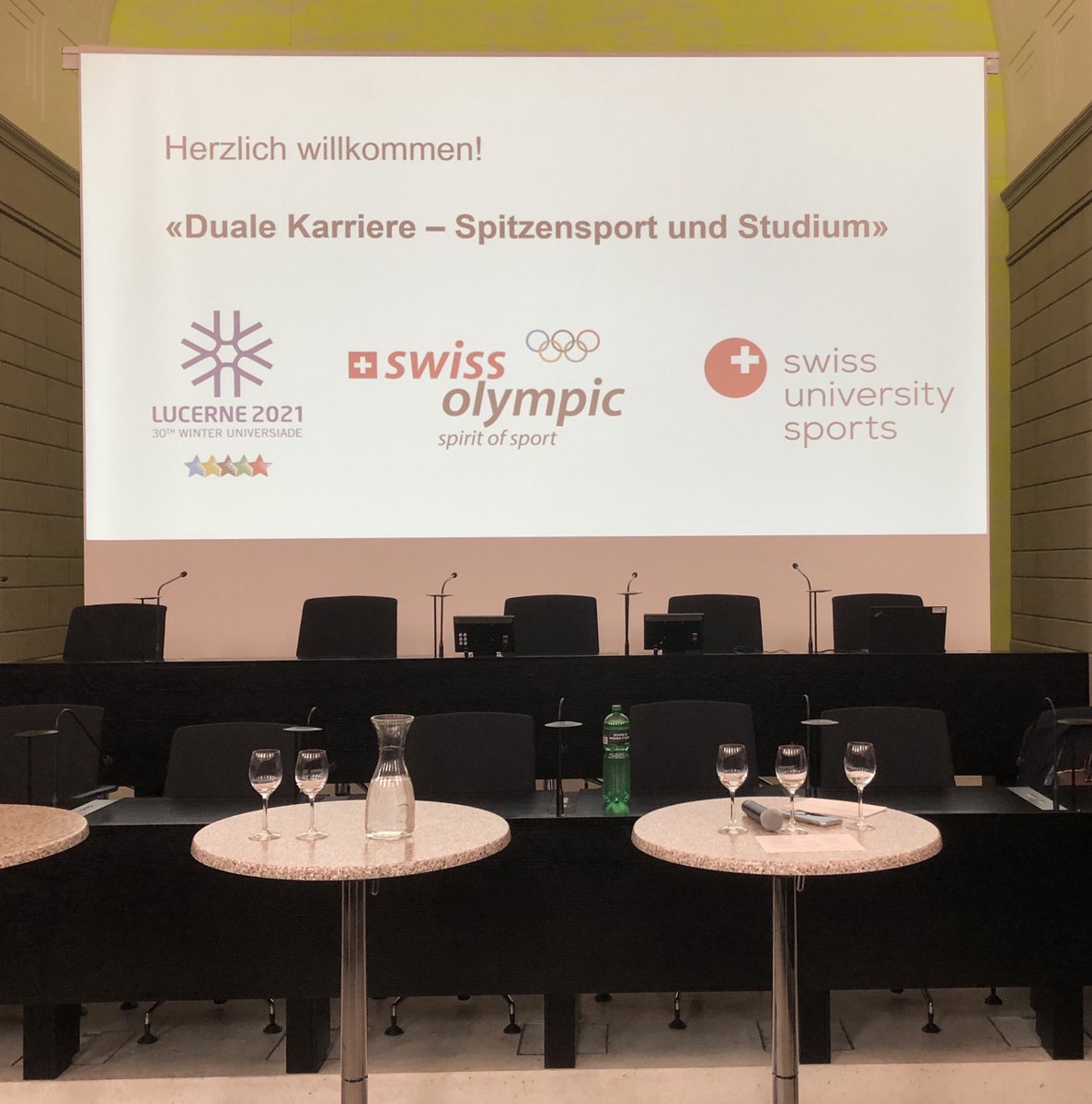 Ready for the Panel Discussion for ‘1 year to go’ to the ⁦<a href="/Lucerne2021/">Lucerne 2021 Winter Universiade</a>⁩ Universiade! In the amazing Kantonsratssaal in Canton Lucerne. #SUSF ⁦<a href="/swissolympic/">Swiss</a>⁩ ⁦<a href="/CH_universities/">swissuniversities</a>⁩