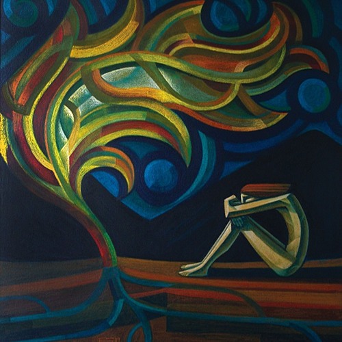 UNE - Lost record cover, a stylised blue and yellow illustration of a mournful figure sitting in front of a tree