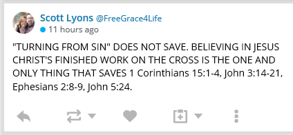 weecalvin1509's tweet photo. No one claims that "turning from sin" saves, esp. when pitted against believing Christ. This is a classic tactic by Lyons and other false wolves. FTR: This issue is not peculiarly a Calvinist one, but a #BasicGospel one. In anathematising others, Lyons condemns himself. #oldpaths https://t.co/ISjmsWwUH1