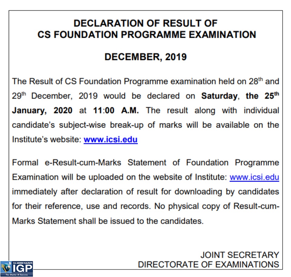 igpclasses's tweet photo. 📣 #Results_Dates Announced (#CS_Foundation)
👉 The #Results of #CS_Foundation Programme Examination held on 28th & 29th Dec'19 would be declared on Saturday, the 25th January 2020 at 11:00AM
#CSstudents #CSresults #ICSIresults #CAashishkalra #igpclassesca #IGP https://t.co/us0iLsl4eI