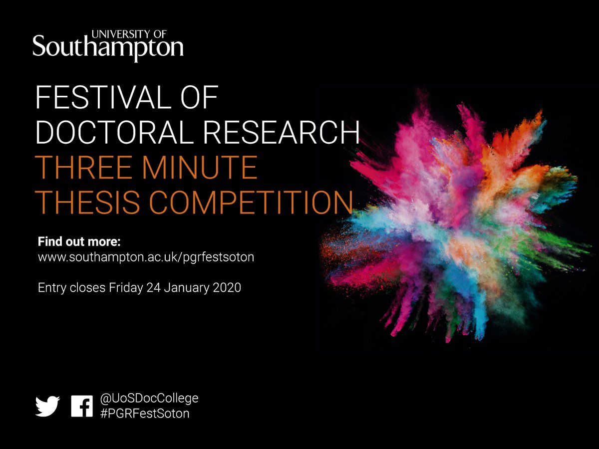 UoSDocCollege's tweet photo. Friday 24 Jan is the deadline for entry into the Three Minute Thesis Competition @unisouthampton Don't forget! https://t.co/7PedhJxHwx #3MTSoton #3MT #PGRSoton https://t.co/Xt0B4CWBV8