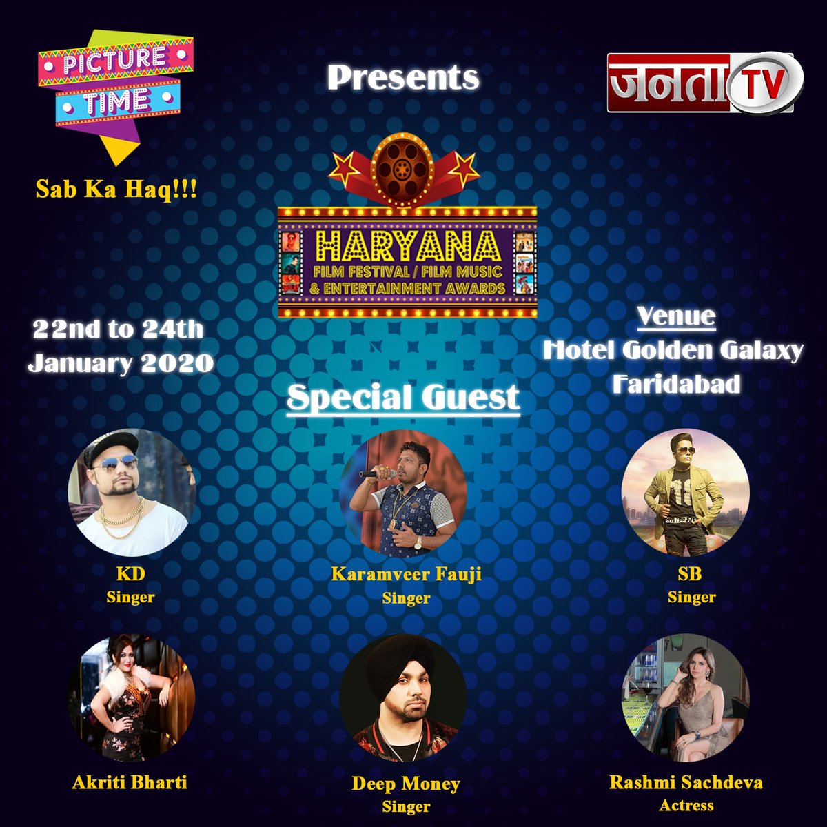 PictureTime4's tweet photo. We cannot wait for the fun filled, #entertainment packed event that begins tomorrow.

We welcome our special guests #DeepMoney #RashmiSachdeva #KDsinger #KaramveerFauji #SBsinger #AkritiBharti

#HaryanaFilmFestival #Films #Music #Awards #Faridabad #PictureTime #SabkaHaq https://t.co/vsRvAnkdN4