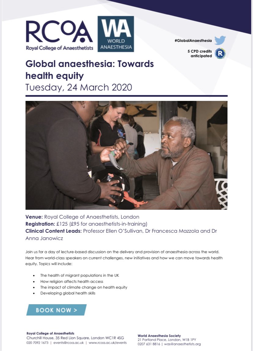 WorldAnaeSoc's tweet photo. Book now!!! Amazing line up, discounted prices for WAS members and AGM at the end of course. See you there 🌍 #globalanaesthesia #healthequity @RCoANews @AAGBI @wfsaorg @GASOC_2015 https://t.co/VMH7kXWa5n