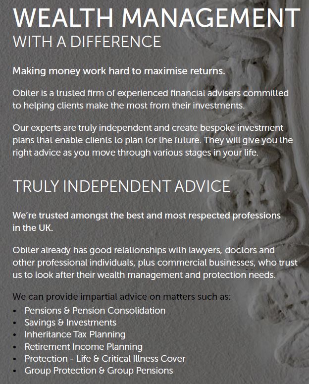 ObiterWm's tweet photo. Who are we?

Obiter Wealth Management is part of the highly regarded Frenkel Topping Group

We are holistic #financialplanners who work directly with our clients and key professionals. 

For more about us and a list of our services, see below:

enquiries@obiterwm.co.uk https://t.co/GAbcd3LCyf