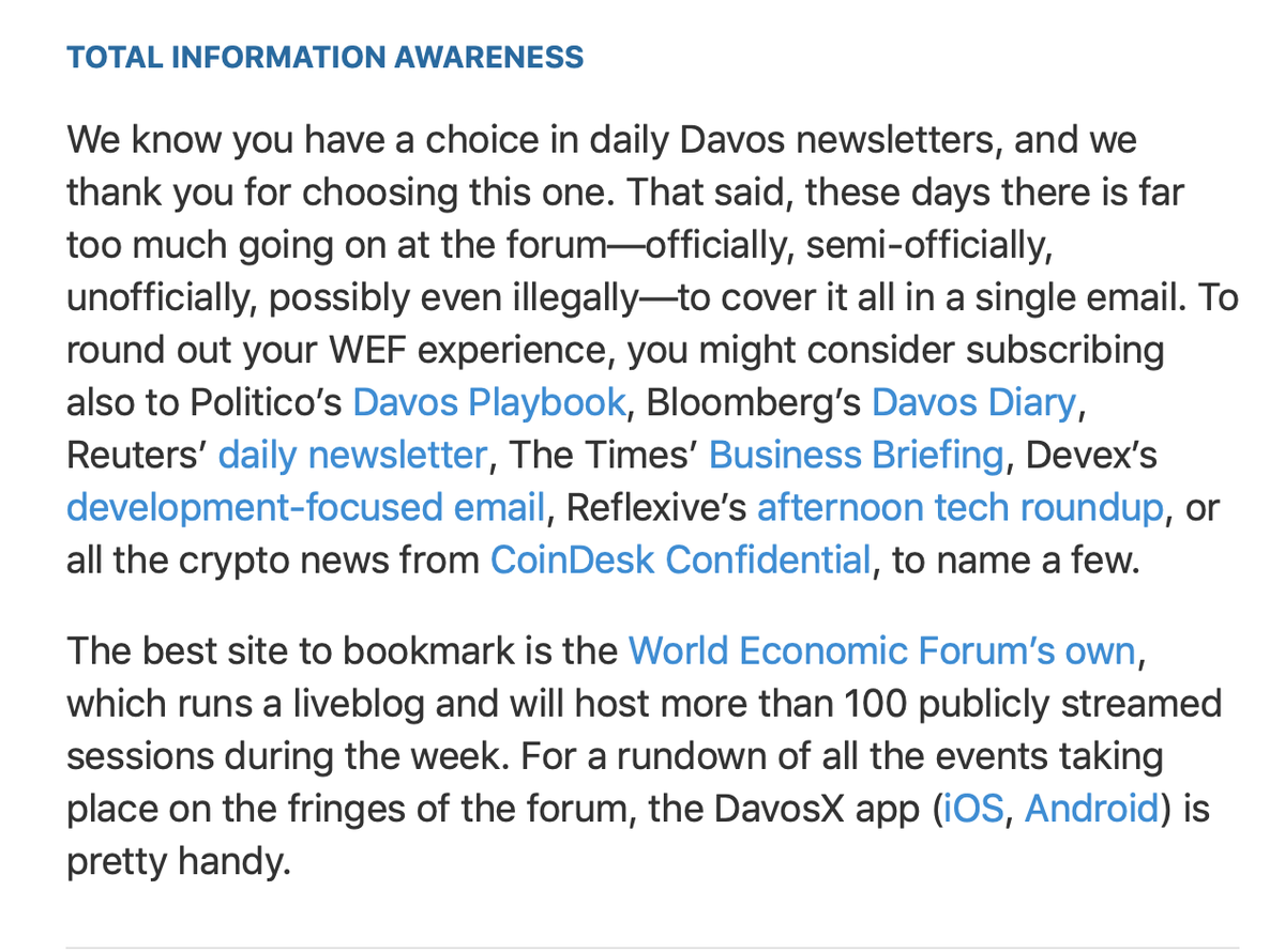 edmundheaphy's tweet photo. The Reflexive Davos Tech Briefing (https://t.co/FzYmrrcfQn) is in illustrious company today! The amazing Quartz Davos Daily Brief recommends it alongside Politico's Playbook and Bloomberg's Davos Diary as a way to round out your #WEF20 experience https://t.co/rWA3iVlxGn