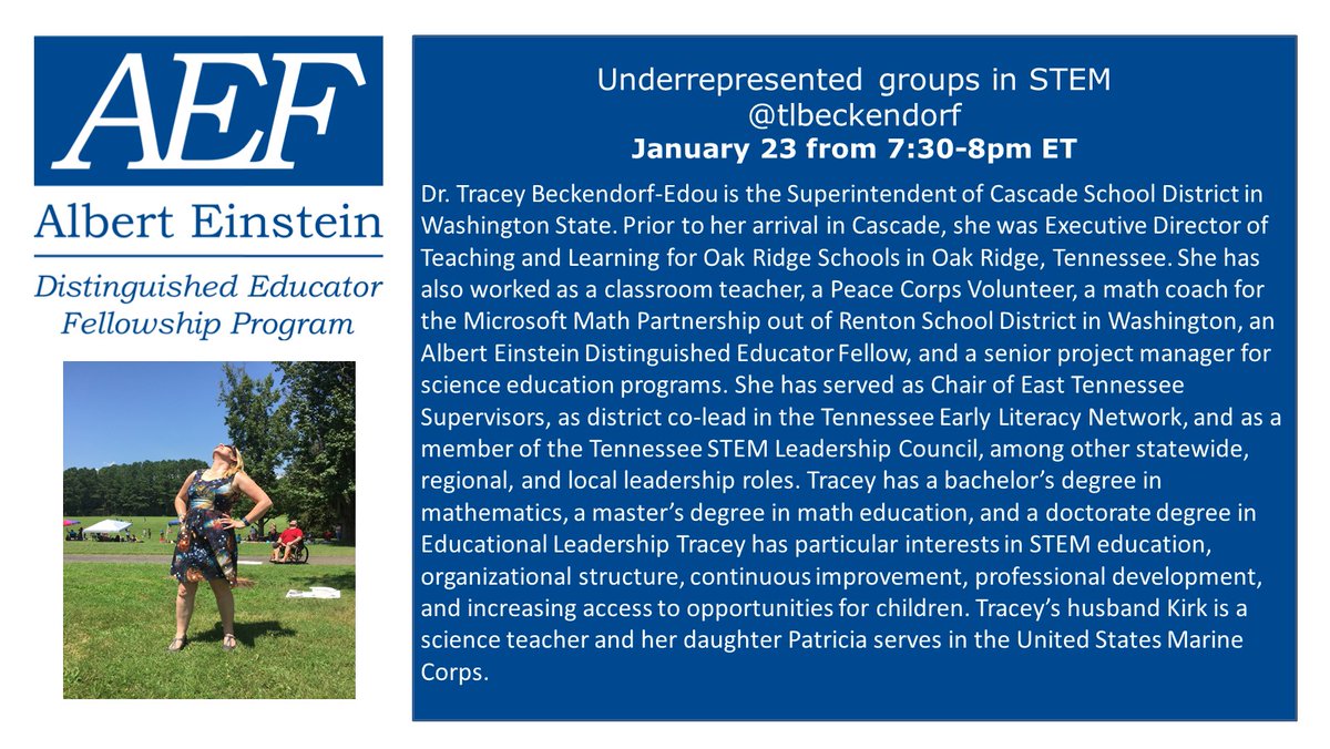AEF_Program's tweet photo. Need some #MondayMotivaton (on a Tuesday)? On Thursday, we'll be having an #edchat about ways to recruit and retain underrepresented groups in #STEM with the #EinsteinFellows19 and guest moderator, #EinsteinFellows alumni @tlbeckendorf Be there! #TuesdayMotivation #edutwitter https://t.co/fHeQgV6ACP