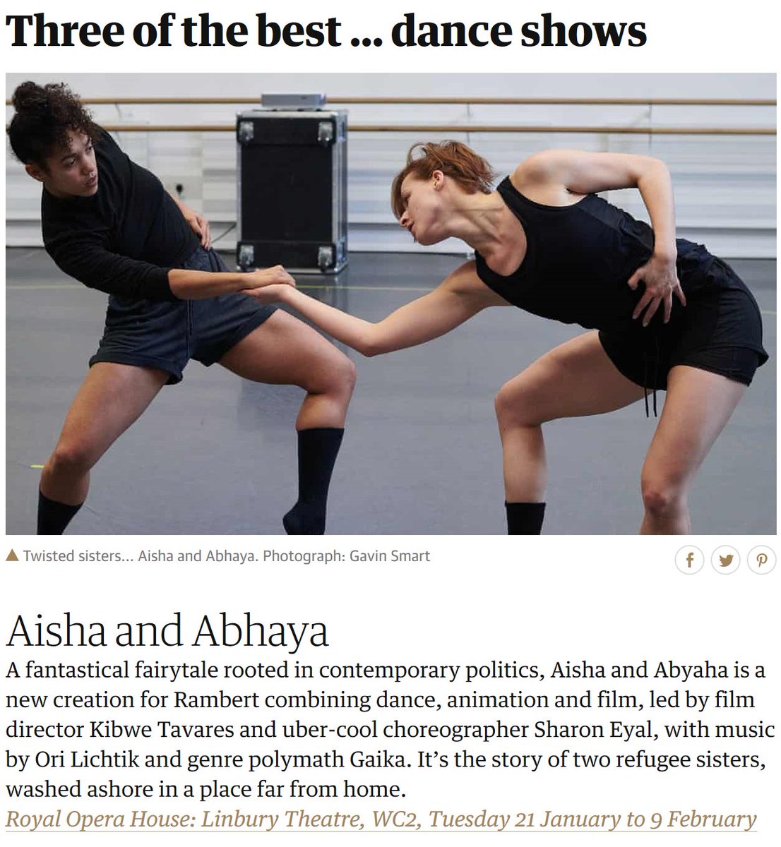 Aisha and Abhaya is in @guardianstage's top 3 shows to see 🙌 Read more here: theguardian.com/culture/2020/j… #AishaAndAbhaya #RambertAisha