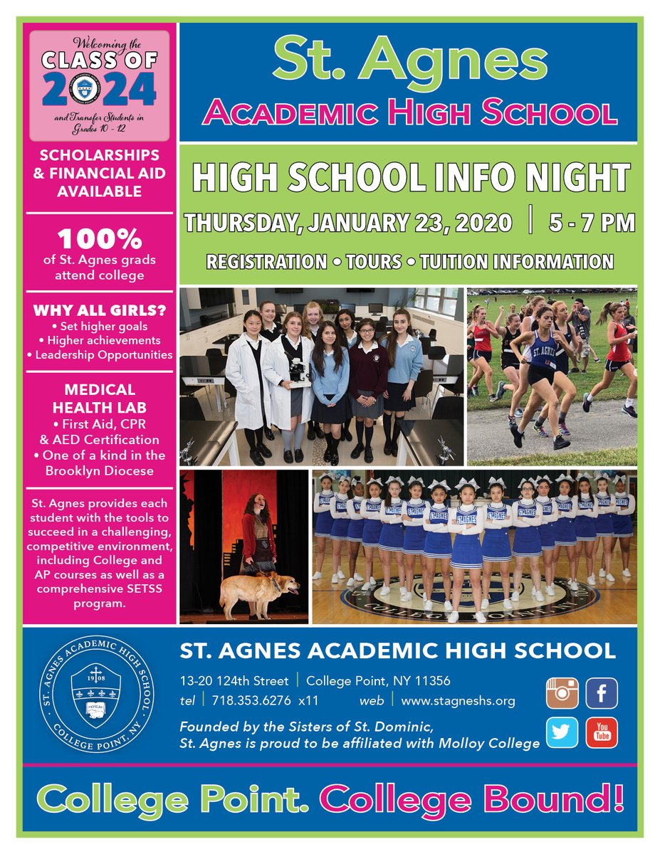 stagneshs's tweet photo. Join us at St. Agnes Academic for our High School Information Night! Tour our building, meet current students and faculty, learn about our programs and more!

College Point. College Bound!
#stagneshs #goblueangels #highschoolbound #classof2024

https://t.co/zLuHYeTrWS https://t.co/9tl3lMAXqe