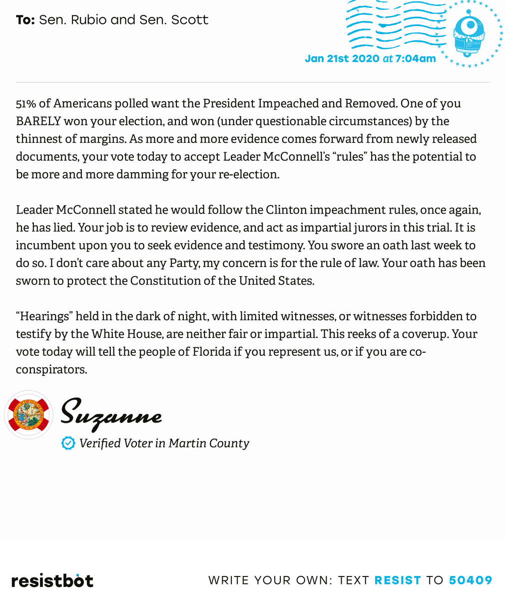 openletterbot's tweet photo. I just delivered this letter from @suzanne65680261 to @marcorubio and @SenRickScott #FL18 #sayfie #flapol #Impeach https://t.co/Rzm8qBs25t