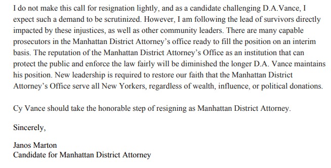 janosmarton's tweet photo. This morning I join the call of survivors, and demand the resignation of Manhattan D.A. Cy Vance.
His pattern of handling sexual assault cases diminishes the integrity of the office, which must serve all New Yorkers, regardless of wealth, influence, or political donations. https://t.co/fbXb2vJWZB