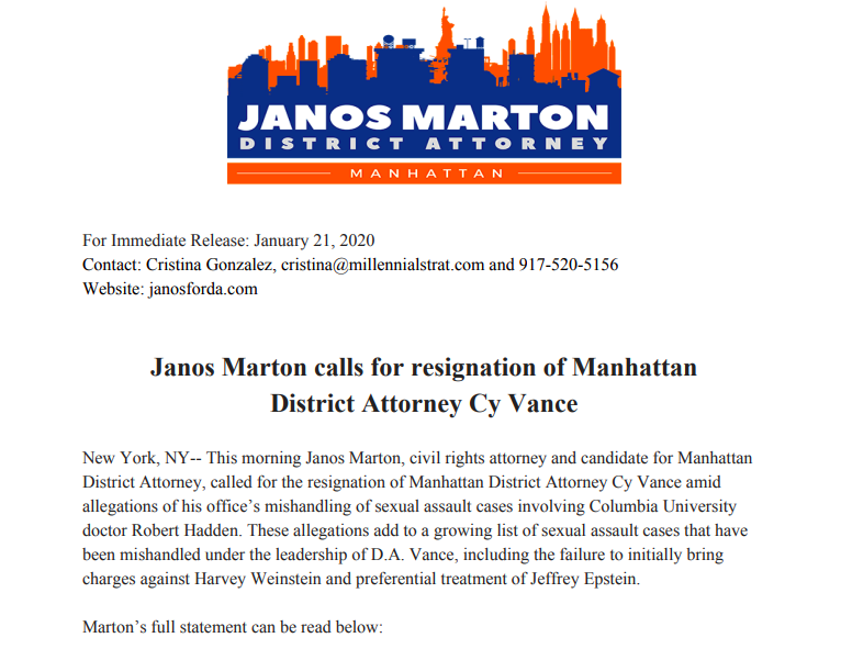 janosmarton's tweet photo. This morning I join the call of survivors, and demand the resignation of Manhattan D.A. Cy Vance.
His pattern of handling sexual assault cases diminishes the integrity of the office, which must serve all New Yorkers, regardless of wealth, influence, or political donations. https://t.co/fbXb2vJWZB
