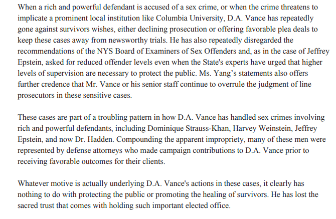 janosmarton's tweet photo. This morning I join the call of survivors, and demand the resignation of Manhattan D.A. Cy Vance.
His pattern of handling sexual assault cases diminishes the integrity of the office, which must serve all New Yorkers, regardless of wealth, influence, or political donations. https://t.co/fbXb2vJWZB
