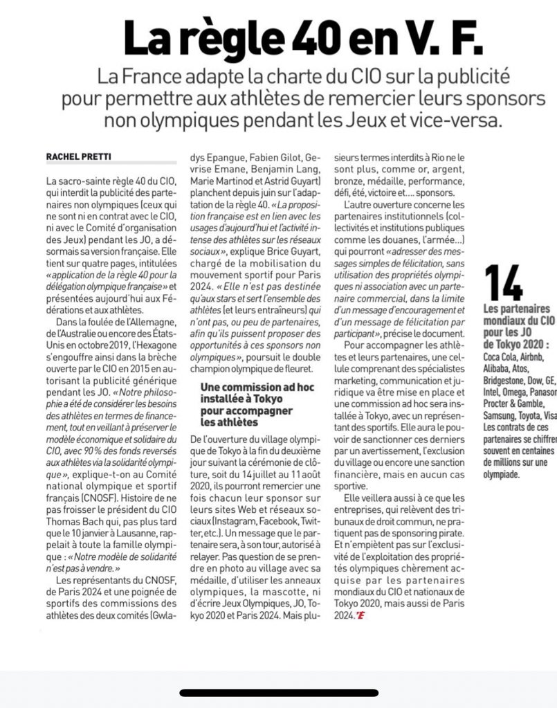 bravo aux athlètes, à la commission des athlètes <a href="/FranceOlympique/">FranceOlympique</a> <a href="/Paris2024/">Paris 2024</a> pour leur engagement, contribution dans l’adaptation made in 🇫🇷 de la règle 40 de la charte du CIO au sujet de l’utilisation de l’image des athlètes et des partenaires non-officiels! 
📷L’Équipe
