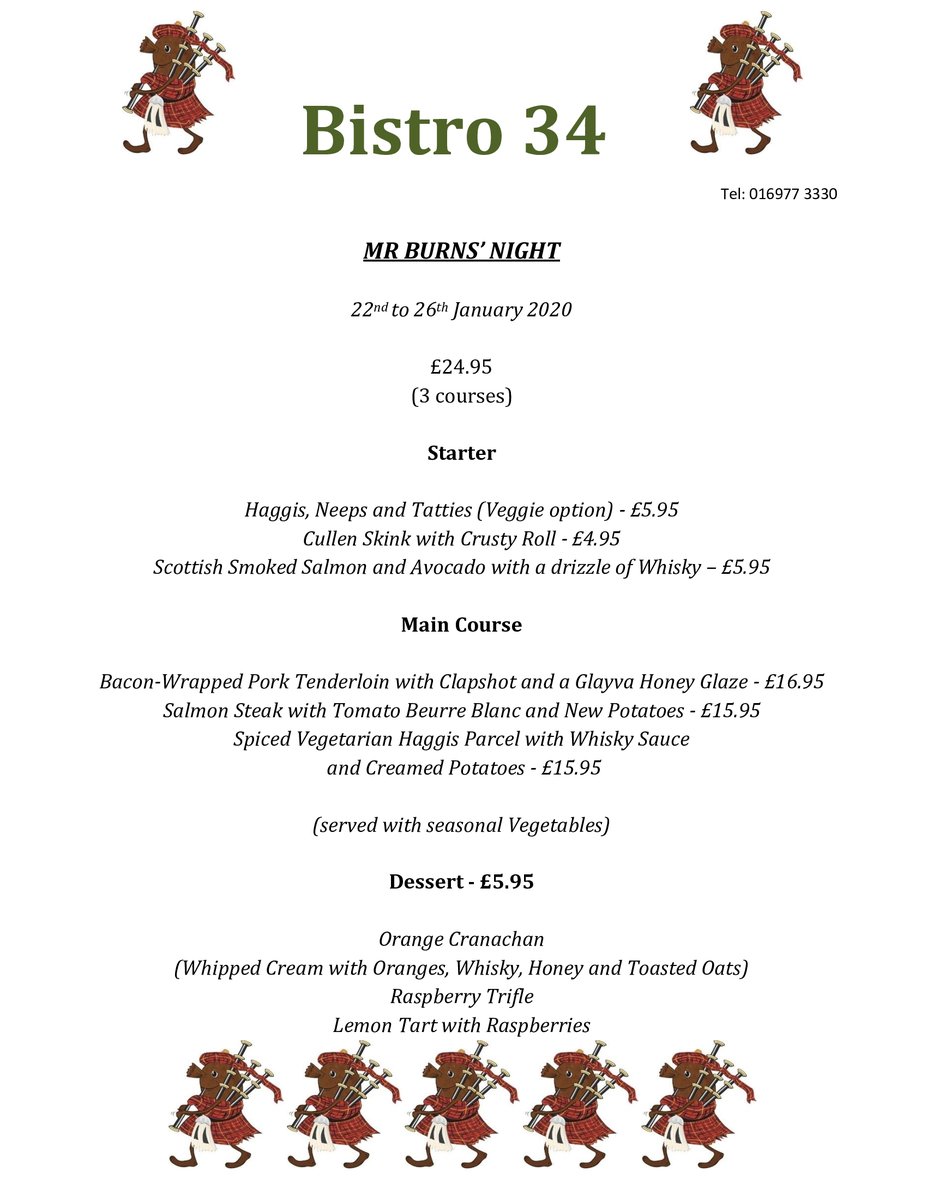 Don't forget, this menu starts tomorrow and runs until Saturday 25th. To book a table, twit me here, email gillian@bistro34.co.uk or phone 016977 3330. It's what Mr Burns would want you to do!