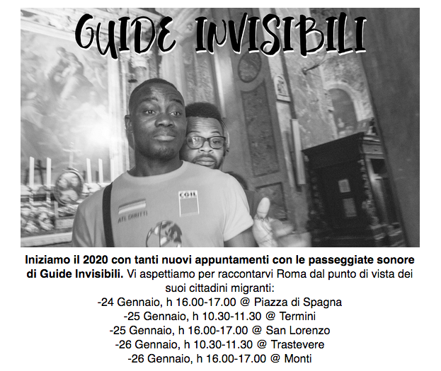 CittaUtopia's tweet photo. Le nostre amiche e amici delle #GuideInvisibili iniziano il 2020 con tanti nuovi appuntamenti per scoprire #Roma con gli occhi dei suoi cittadini migranti.
Prenotate scrivendo a: guideinvisibili@gmail.com
o su whatsapp: 3801868316
Per maggiori info: https://t.co/abh2TFmc1N https://t.co/KSlZsHYeP5