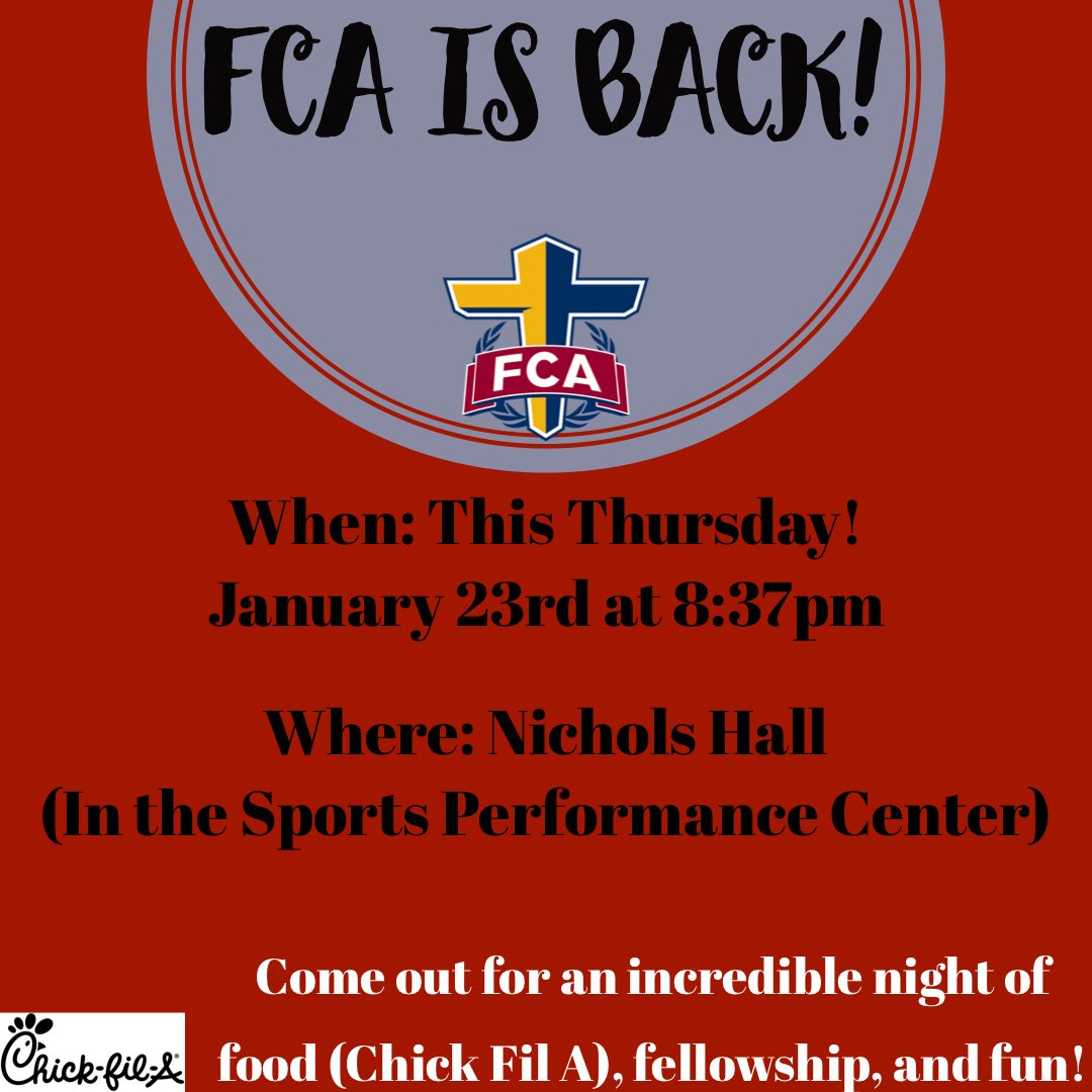 LRFCA's tweet image. FCA IS BACK!!! Come out this Thursday for a great time of fellowship, games, fun, and Chick Fil A! You won’t want to miss it! See you Thursday at 8:37pm!