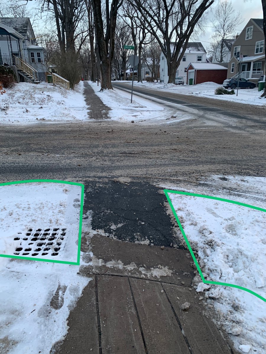 This crosswalk is used every morning by a “walking school bus”—a group of kids &amp; parents walking to school together. Speeding cars are a frequent danger. 
It would be nice to have a bumpout here to slow the cars and shorten the crossing distance—a sneckdown shows there’s space.