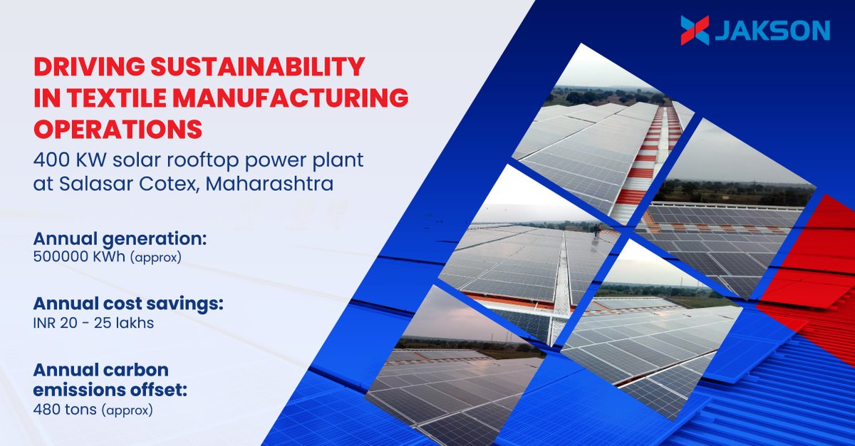 JaksonGroup's tweet photo. #Jakson successfully commissioned a 400 KW #gridconnected #solarrooftop power plant at Salasar Cotex, a prominent cotton processing facility based in Parbhani, Maharashtra. Besides providing clean electricity for factory operations, the plant exports surplus power to the grid. https://t.co/gLjdxIO5xc