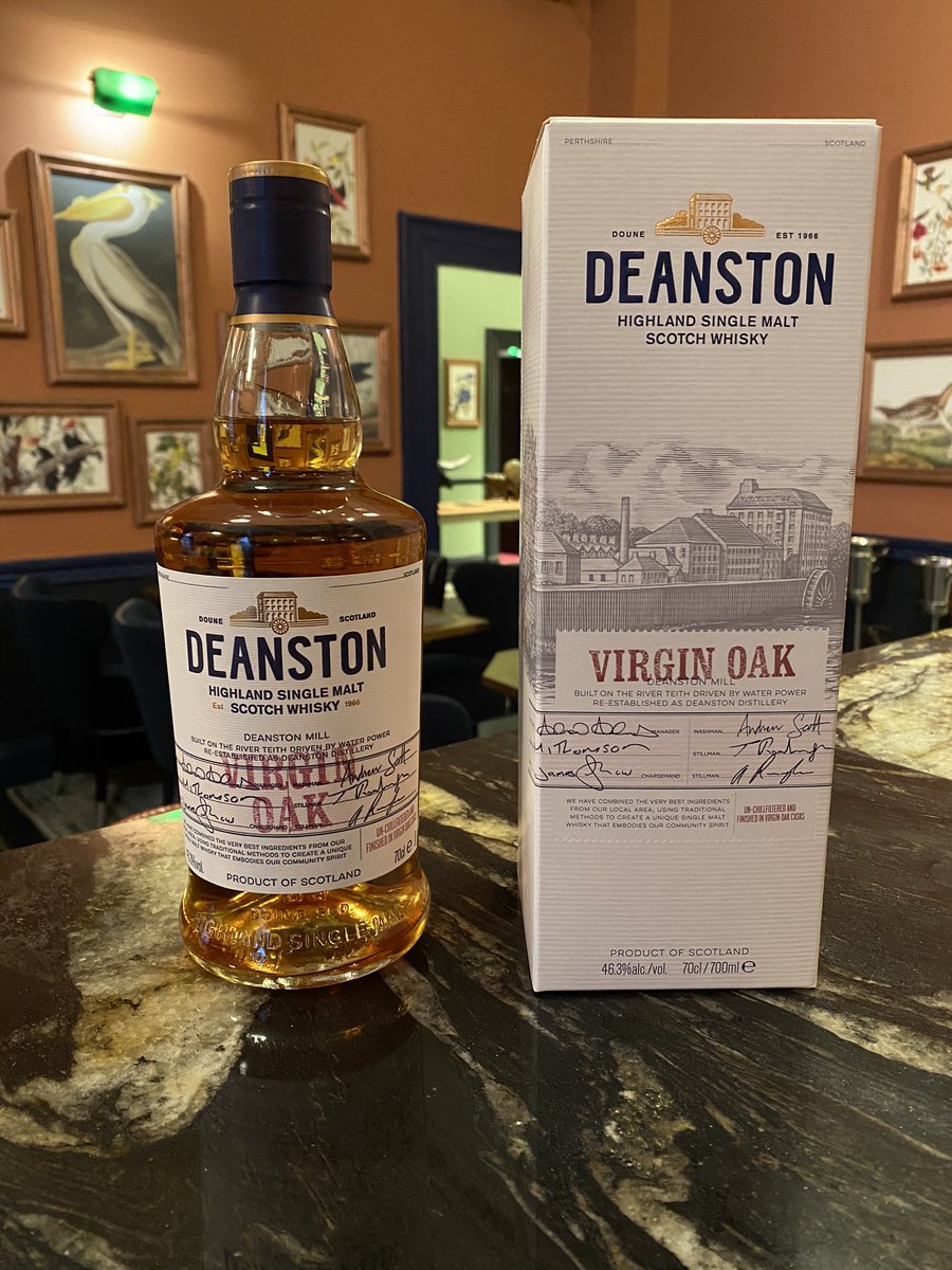 Deanston virgin oak single malt - Made with young whisky that’s finished in new oak casks from Kentucky. Certified by the organic food association they also power their distillery using hydro energy, overall a solid Scotch whisky great for any occasion 👌🏻🥃