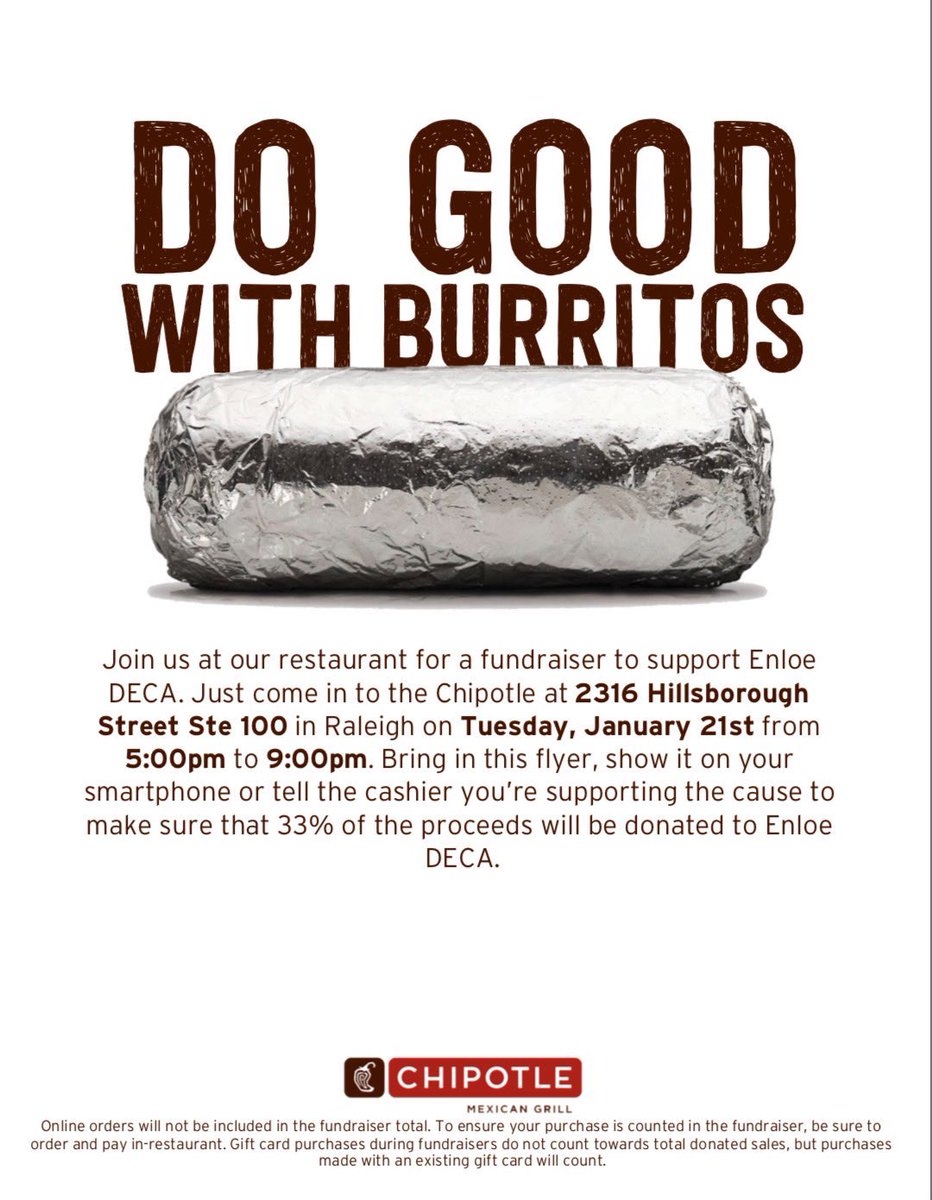 Decaenloe's tweet photo. Today is the day!! 

Please help support EnloeHS Deca Club by coming out Jan.21,2020 &amp; grabbing dinner w/Chipotle. Proceeds will be donated to EnloeHS Deca Club. 
Thank you for your support! https://t.co/JHe0FfvVfE