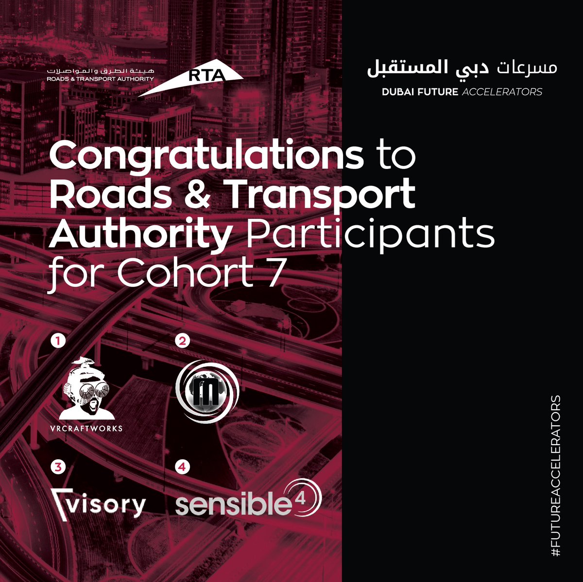 The Roads and Transport Authority has 3 challenges for cohort 7; smart monitoring, futuristic wayfinding and innovative cooling.

4 startups have been selected by <a href="/rta_dubai/">RTA</a> to join us for cohort 7 and reshape the future of transportation.

#DFA #FutureAccelerators