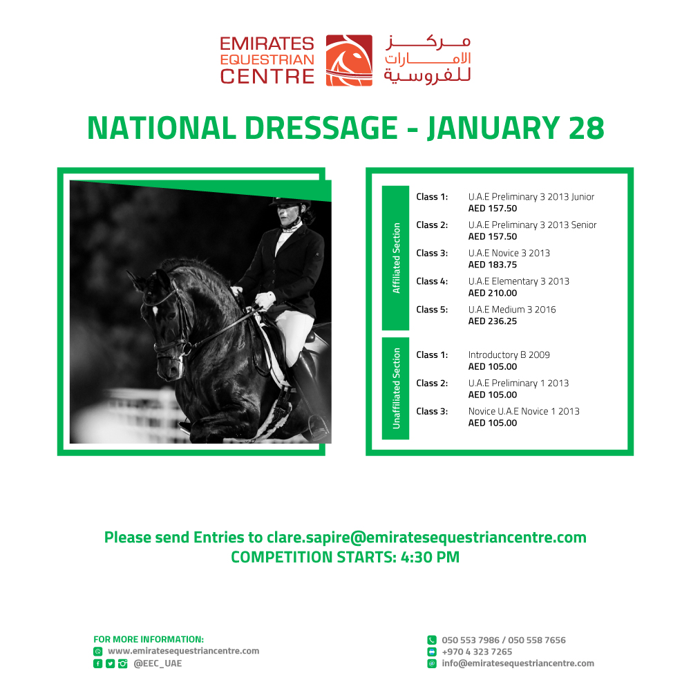 Emirates Equestrian (@eec_uae) on Twitter photo The National Dressage takes place this Tuesday - January 28.
Please send entries to Clare.sapire@emiratesequestriancentre.com The National Dressage takes place this Tuesday - January 28.
Please send entries to Clare.sapire@emiratesequestriancentre.com